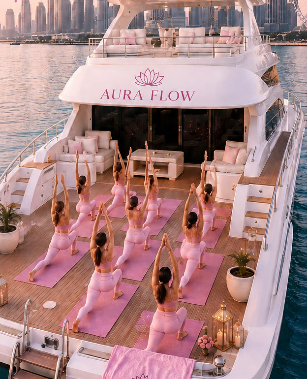 Aura Flow yacht anchored off Dubai with a yoga class on the deck